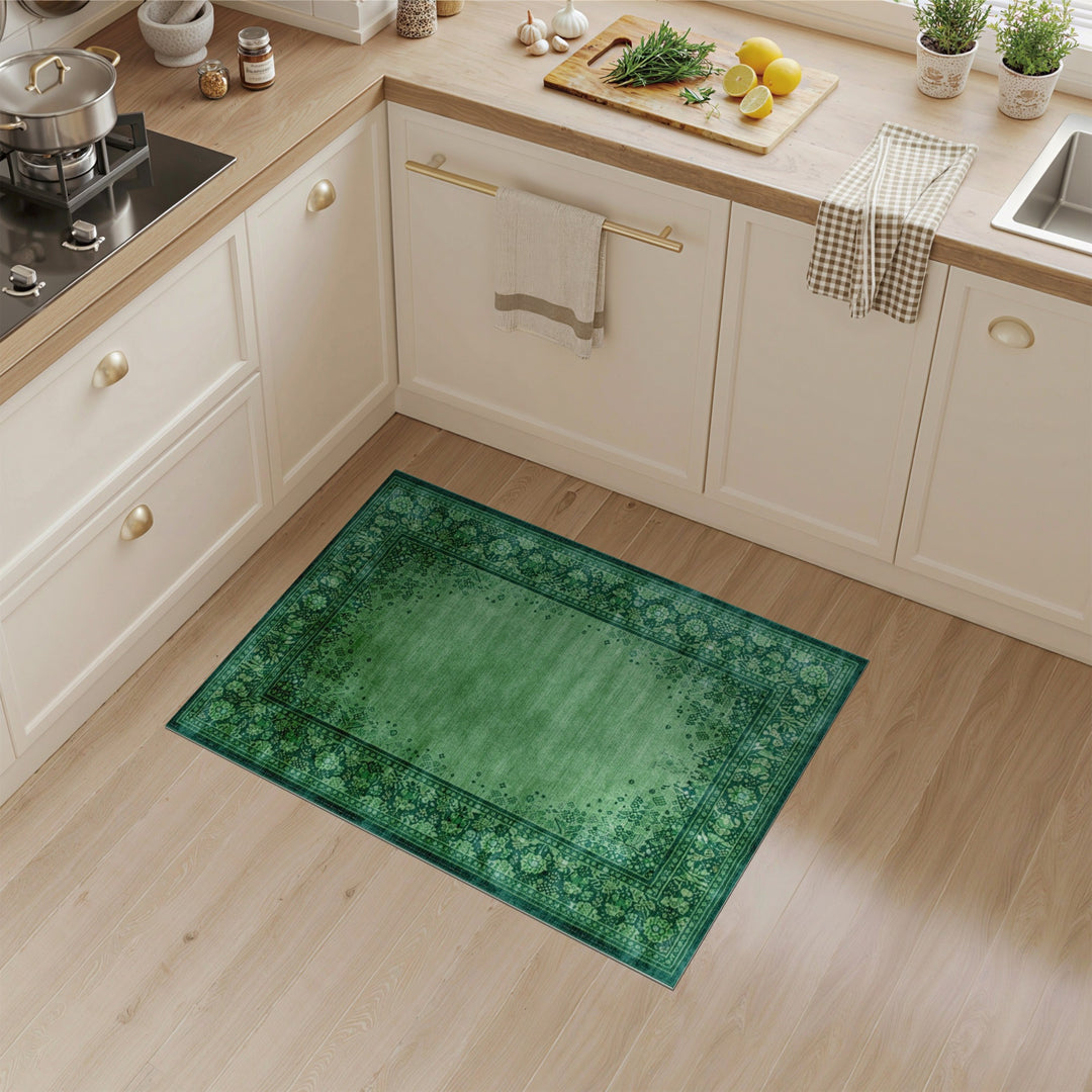 Green Floral Vintage Area Rug
