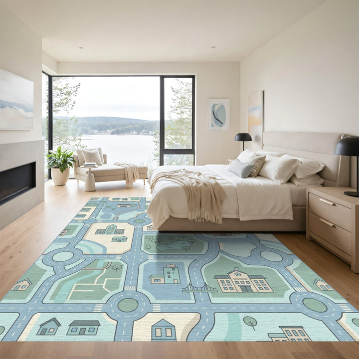 Soft Blue Cityscape Road Network Rug