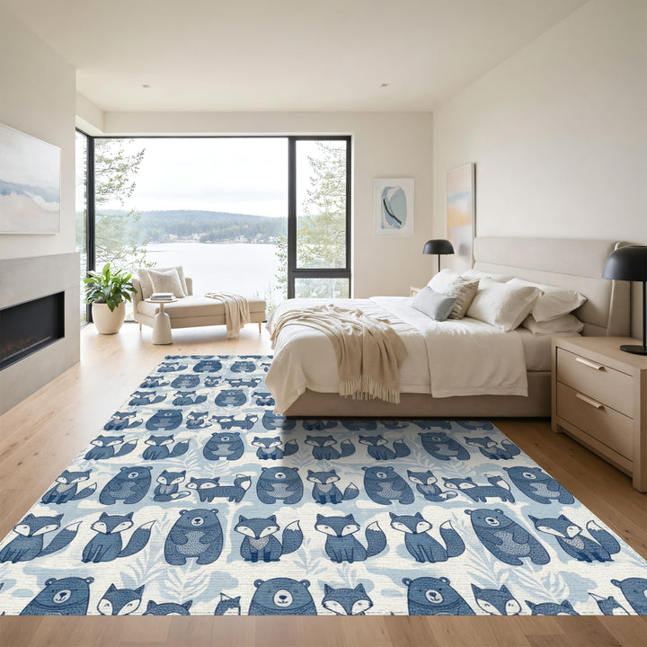 Blue Woodland Bear Fox Whimsical Folk Rug
