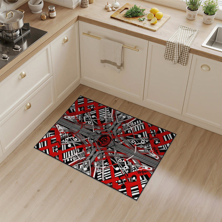 Red Music Notes Geometric Area Rug