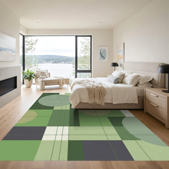Abstract Green Geometric Circles and Squares Rug