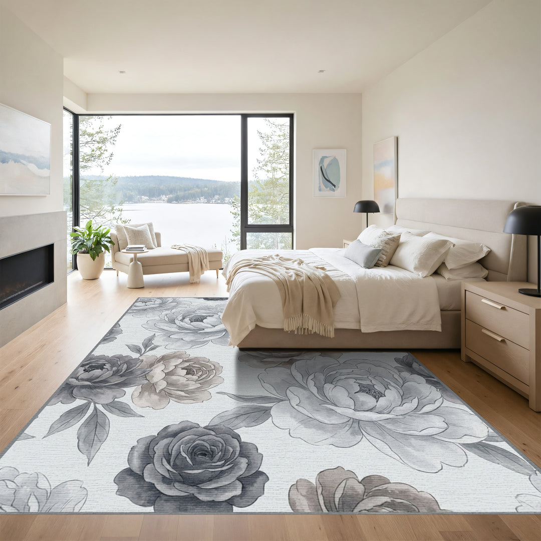 Vintage Gray Floral Peony Bloom Rug