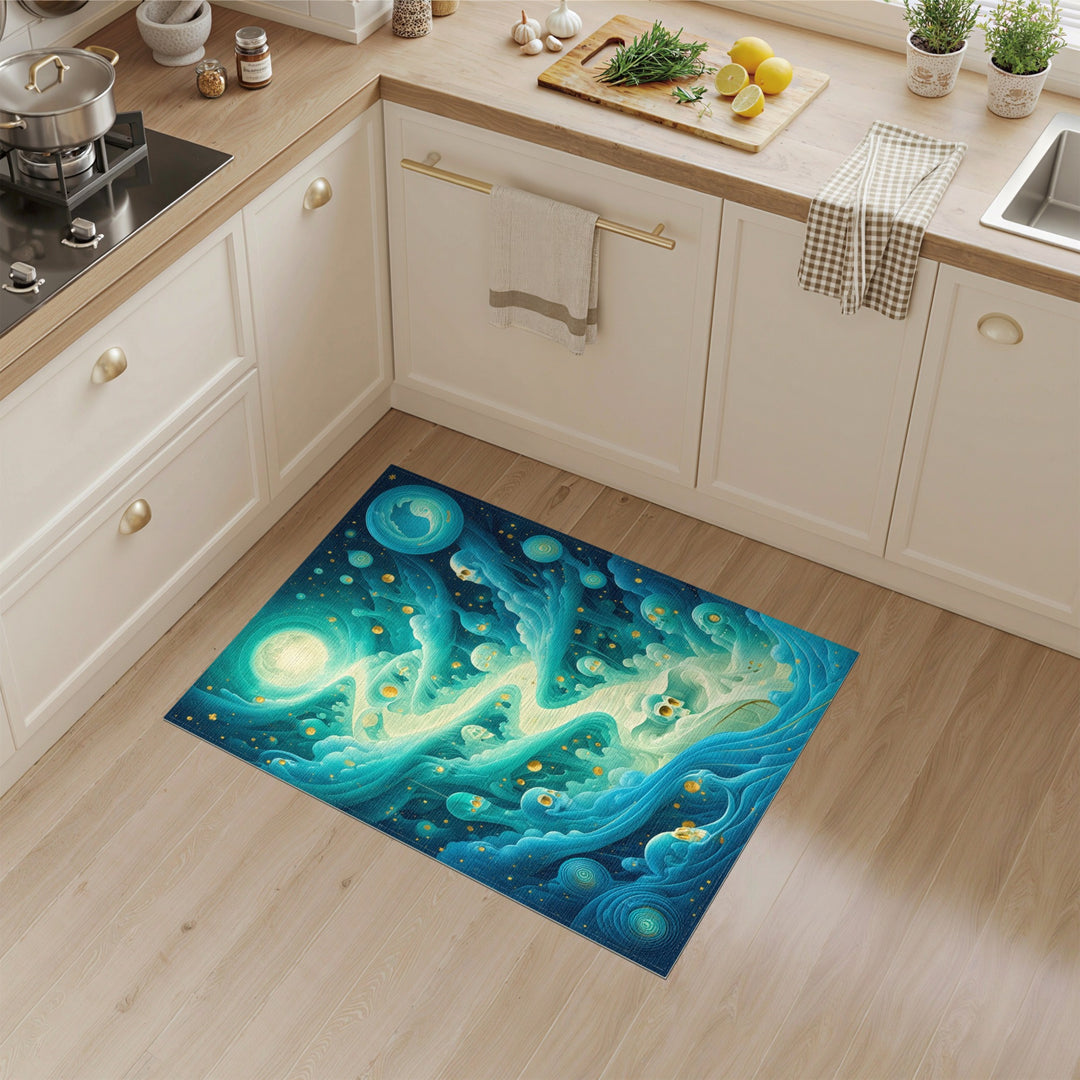 Mystic Skull Wave Blue Teal Area Rug