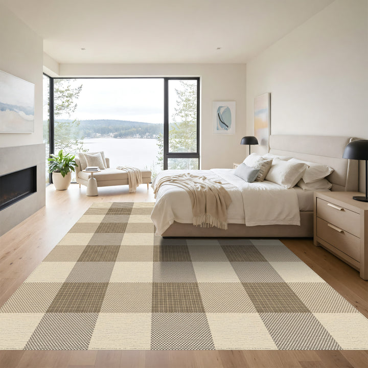 Earthy Beige Gingham Checkered Rug