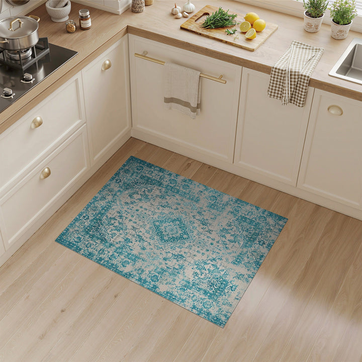 Distressed Teal Medallion Area Rug