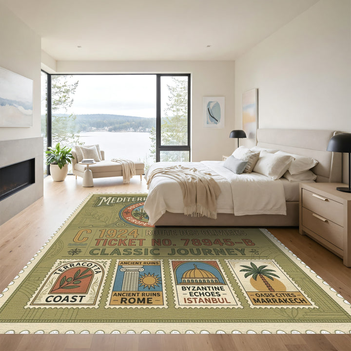 Vintage Mediterranean Voyage Stamp Rug