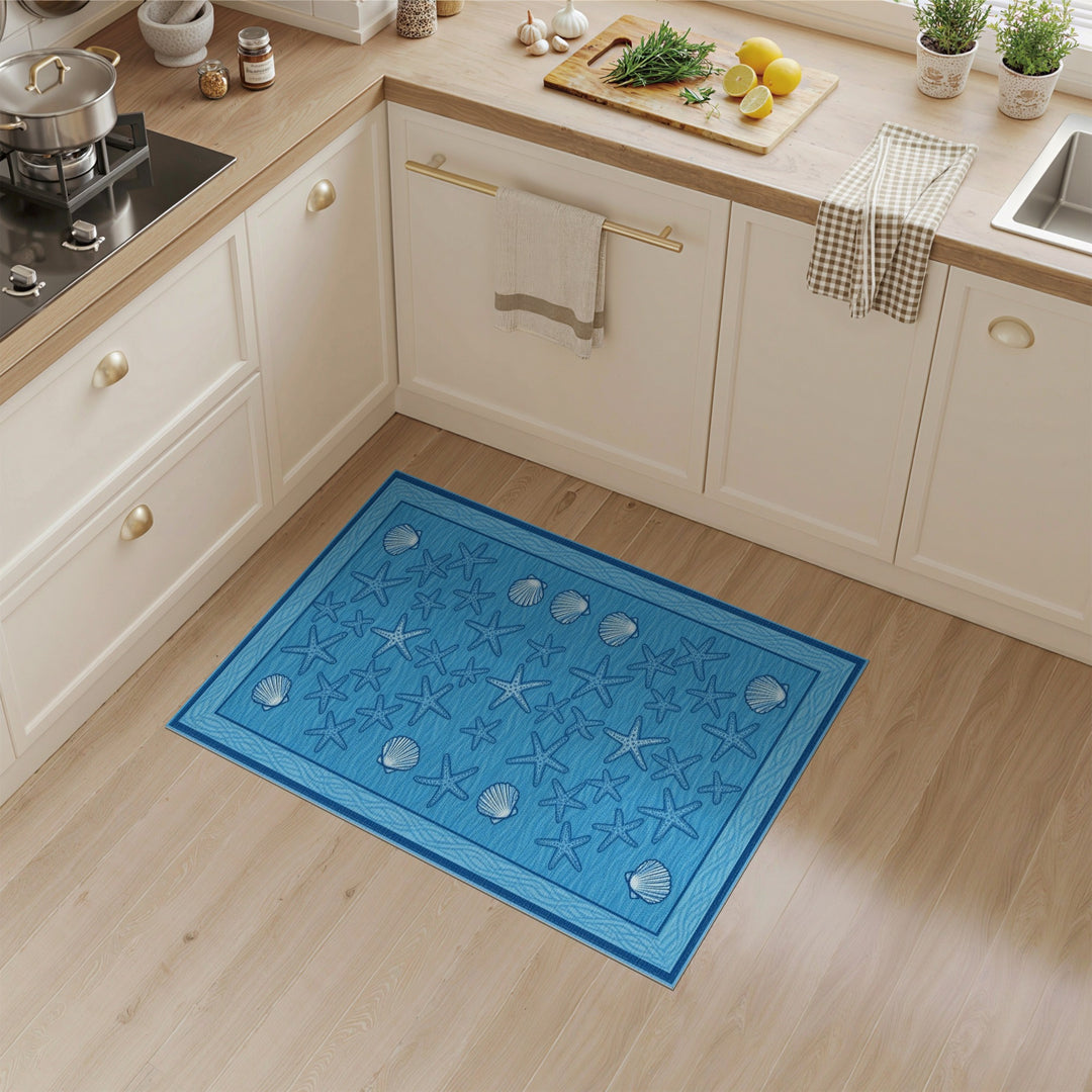 Blue Coastal Starfish and Seashell Area Rug