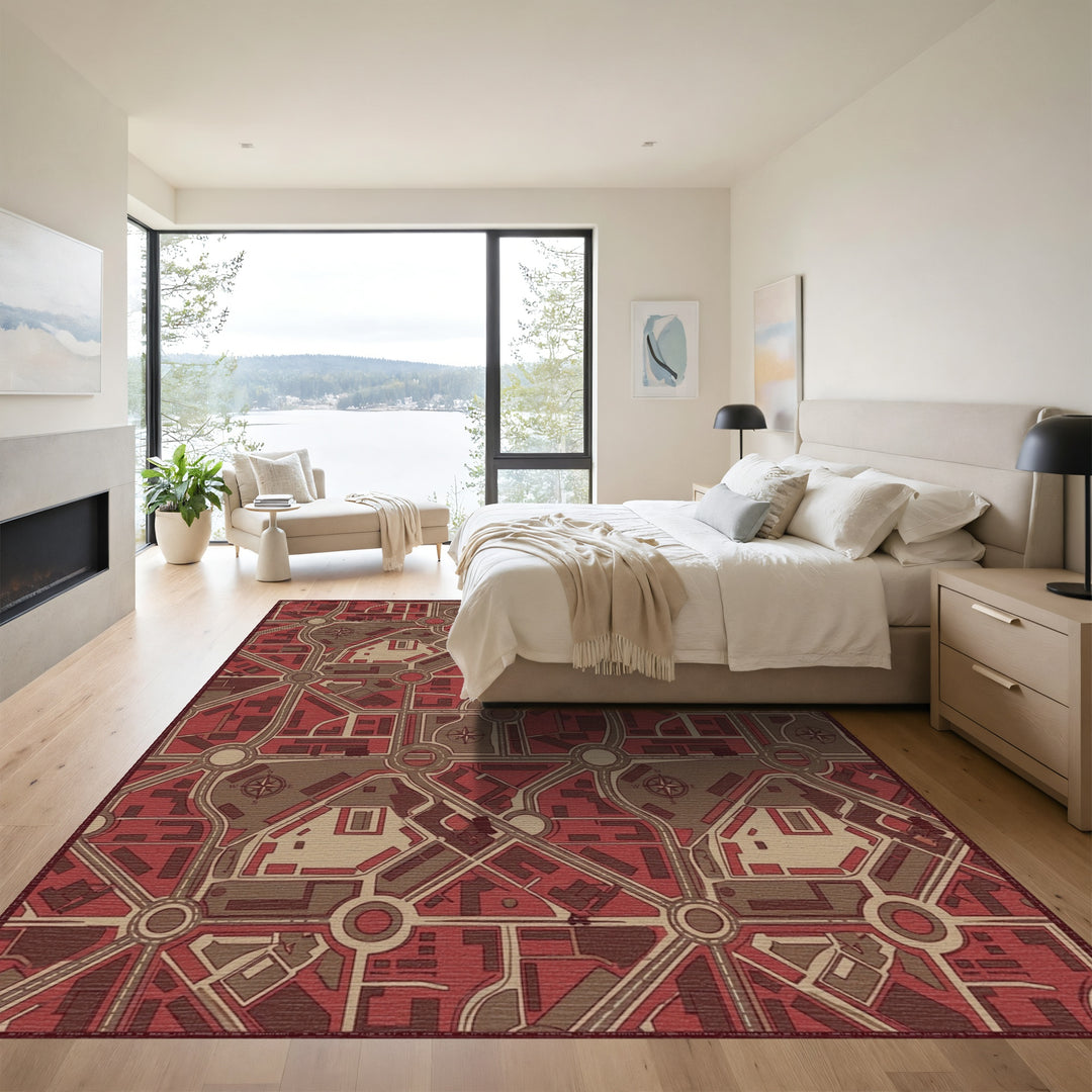 Urban City Map Red Brown Rug