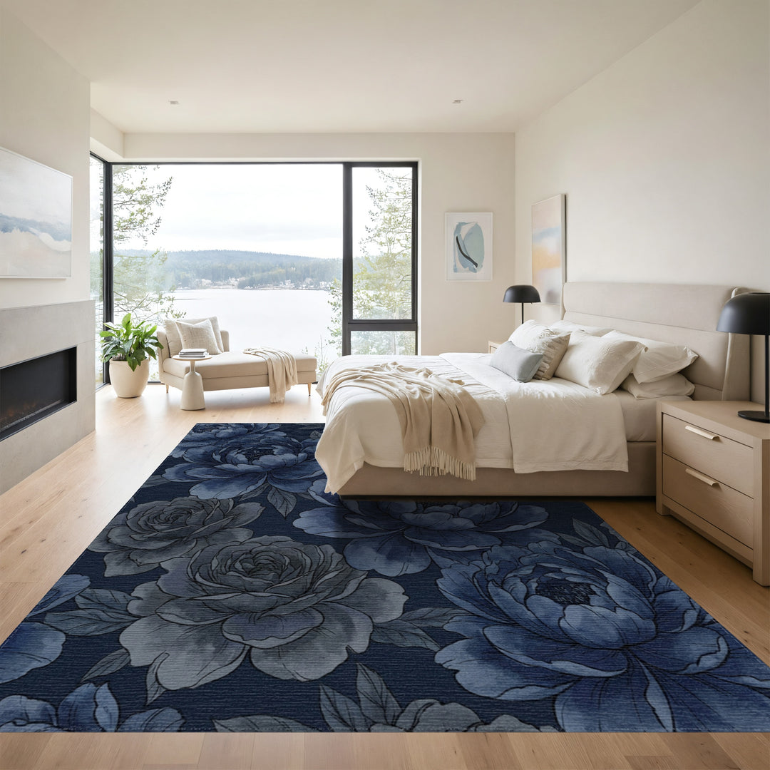 Deep Blue Floral Watercolor Garden Rug