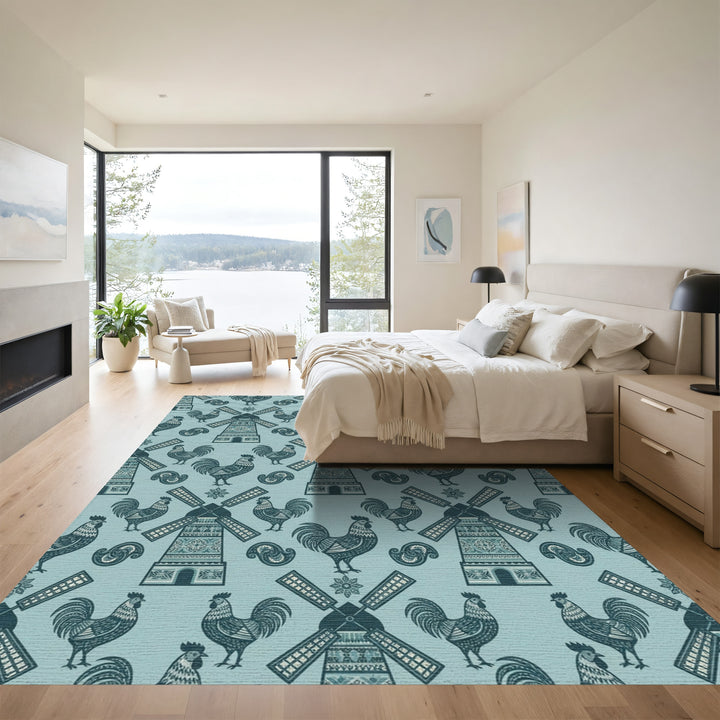 Teal Rooster Windmill Folk Art Rug