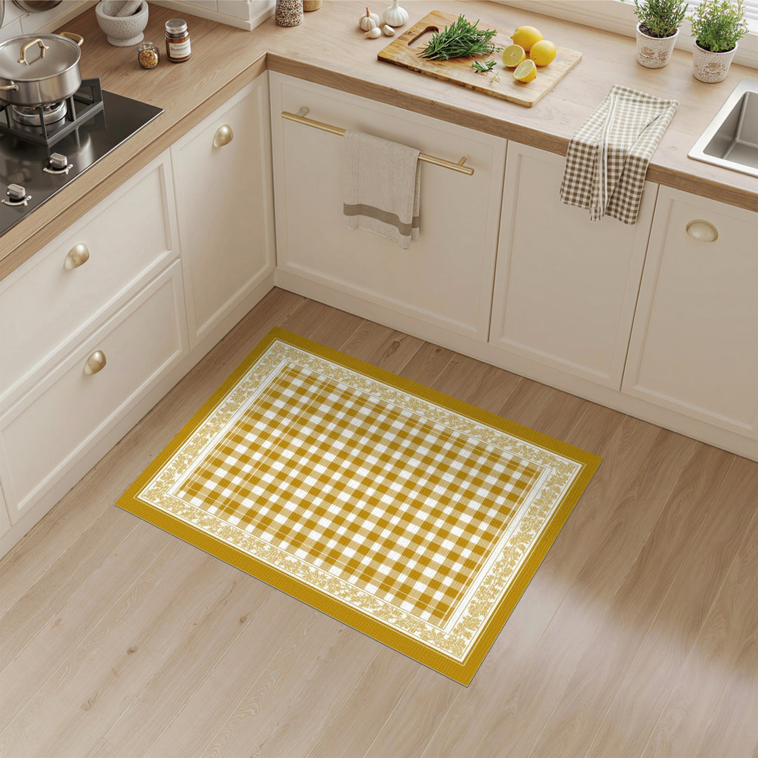 Yellow Gingham Checkered Rug with Floral Border