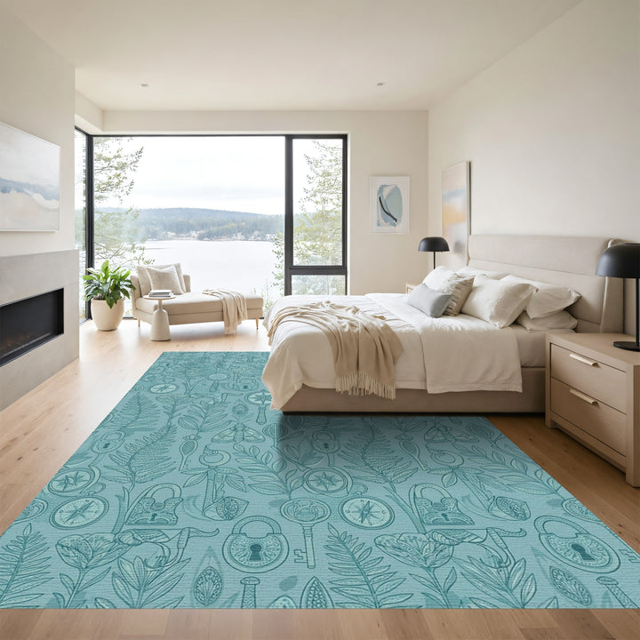 Vintage Teal Botanical Keys Locks Rug