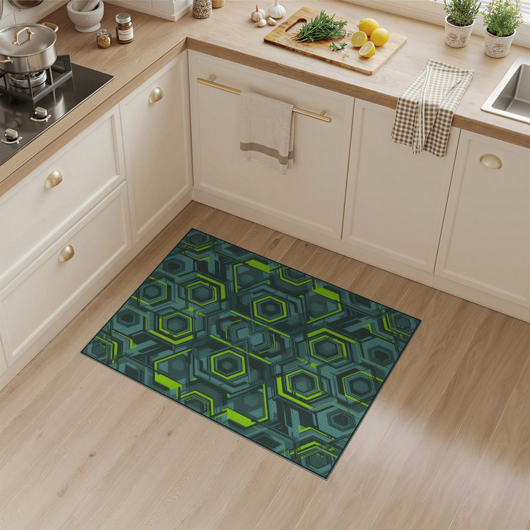 Neon Hex Geometric Teal Area Rug