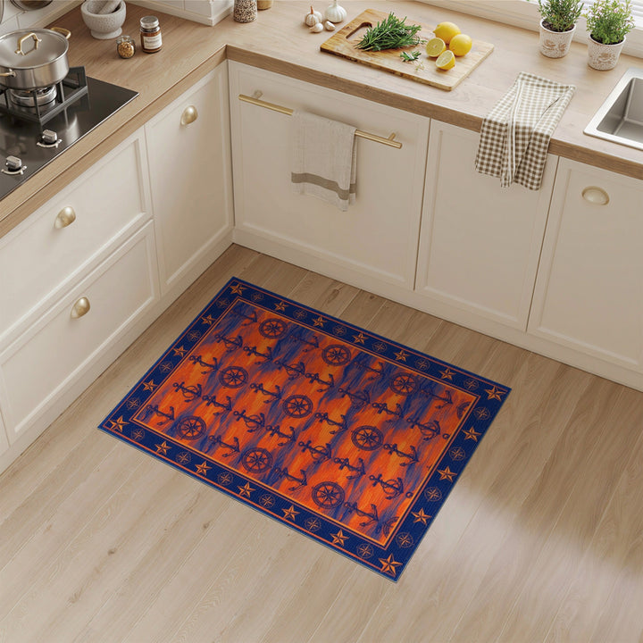 Orange Nautical Anchor Compass Area Rug