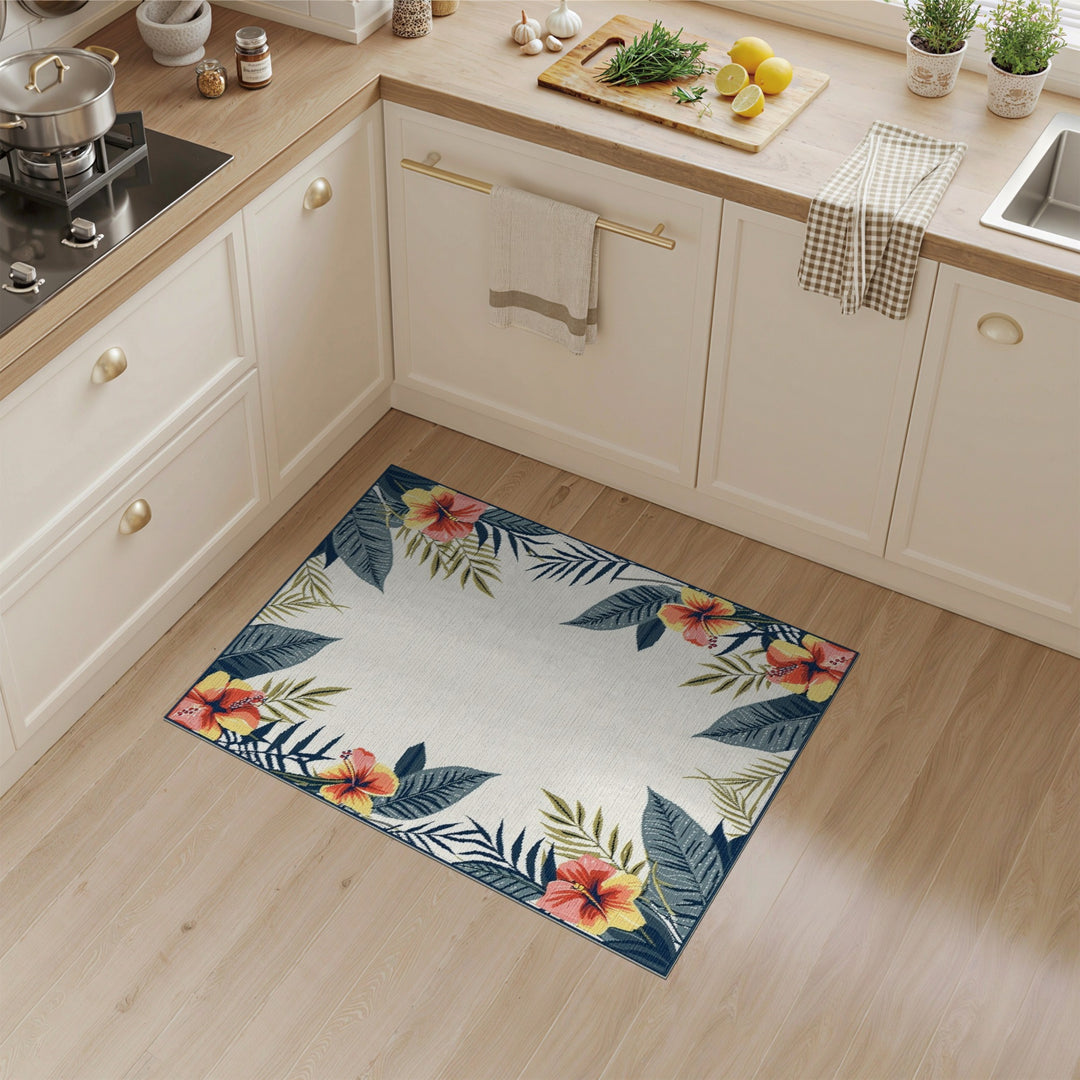Hibiscus Floral Border Washable Area Rug
