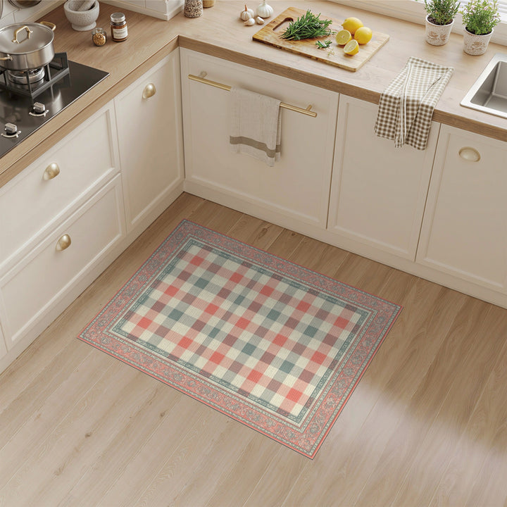 Red Gingham Checkered Area Rug with Vintage Border