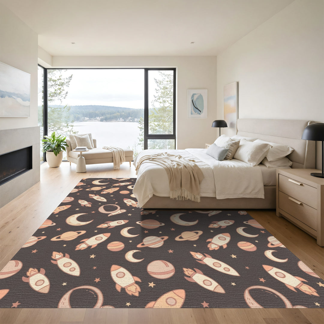 Cute Space Moon Rockets And Planets Rug