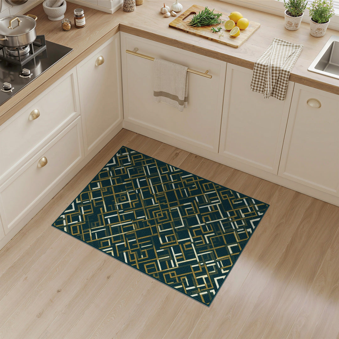 Blue and Teal Geometric Gold Area Rug