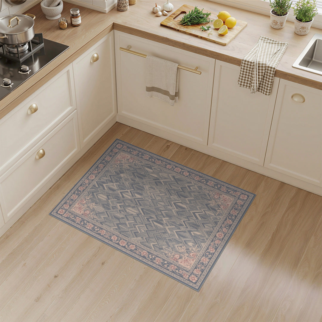 Blue Chevron Geometric Area Rug with Floral Border