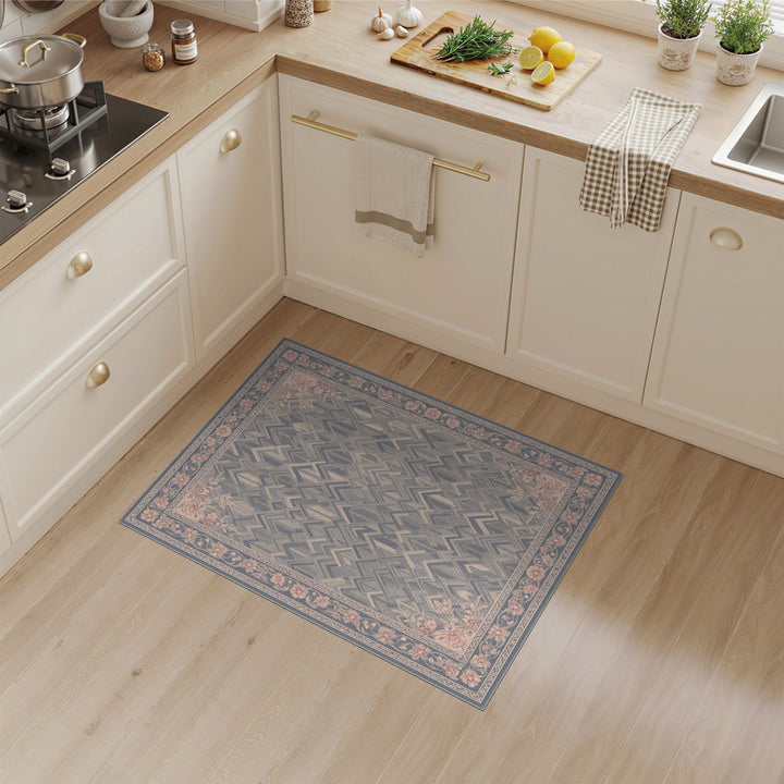 Blue Chevron Geometric Area Rug with Floral Border