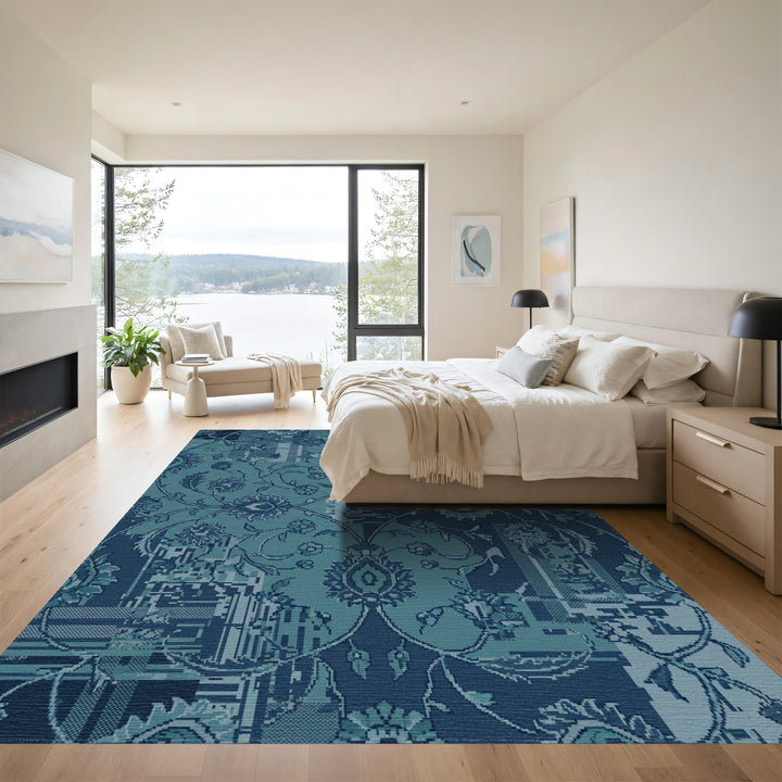 Teal Blue Botanical Pixelated Medallions Rug