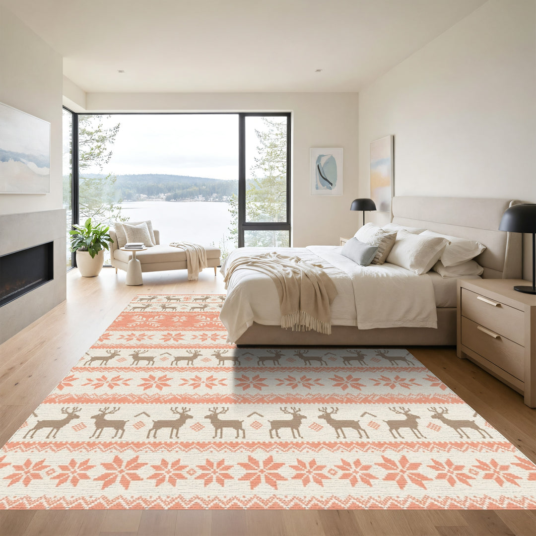 Coral Reindeer Snowflake Nordic Knit Rug