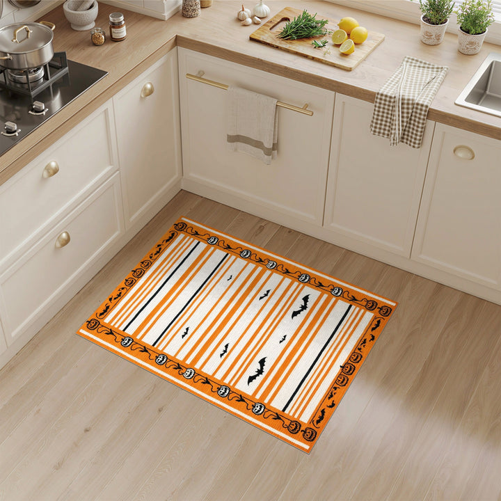 Orange Halloween Striped Area Rug with Bats and Pumpkins