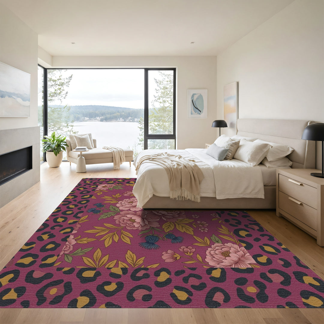 Burgundy Floral Leopard Border Rug