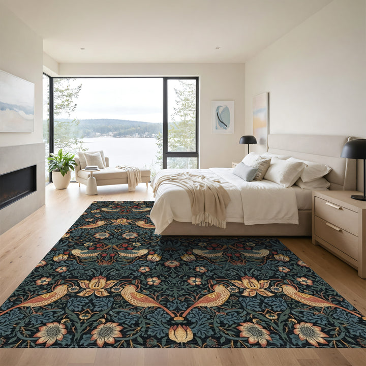 Golden Birds Amidst Dark Floral Vines Rug