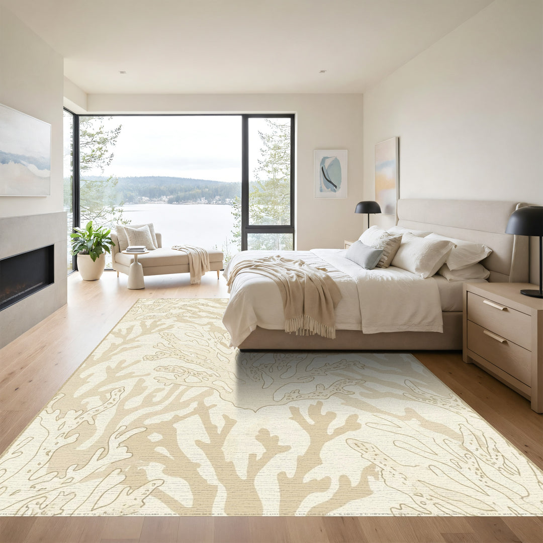 Cream Coral Reef Botanical Scene Rug
