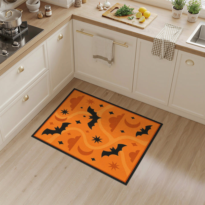 Orange Kids Cartoon Orange Halloween Bats Area Rug