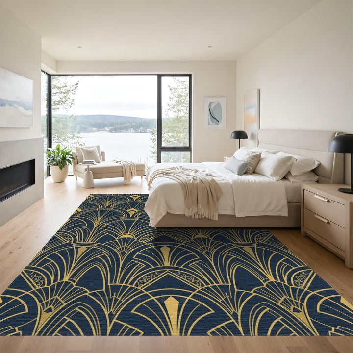 Art Deco Navy Blue Golden Fan Rug