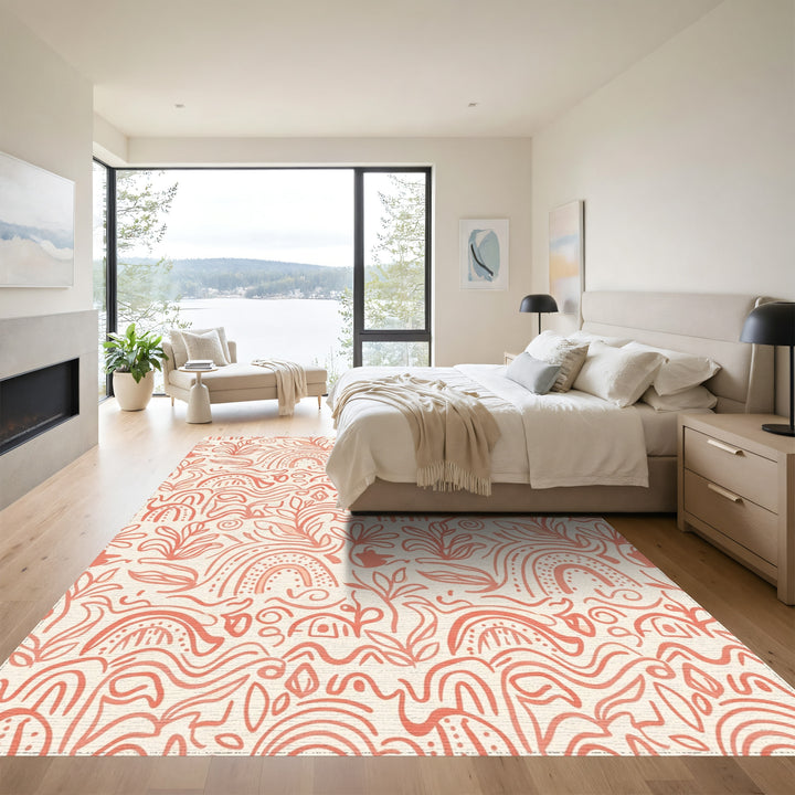 Coral Abstract Floral Rainbow Swirls Rug