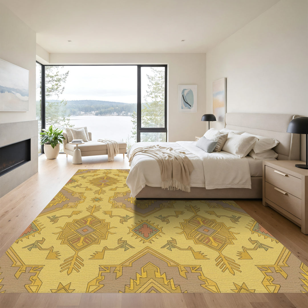 Golden Ochre Geometric Medallion Rug