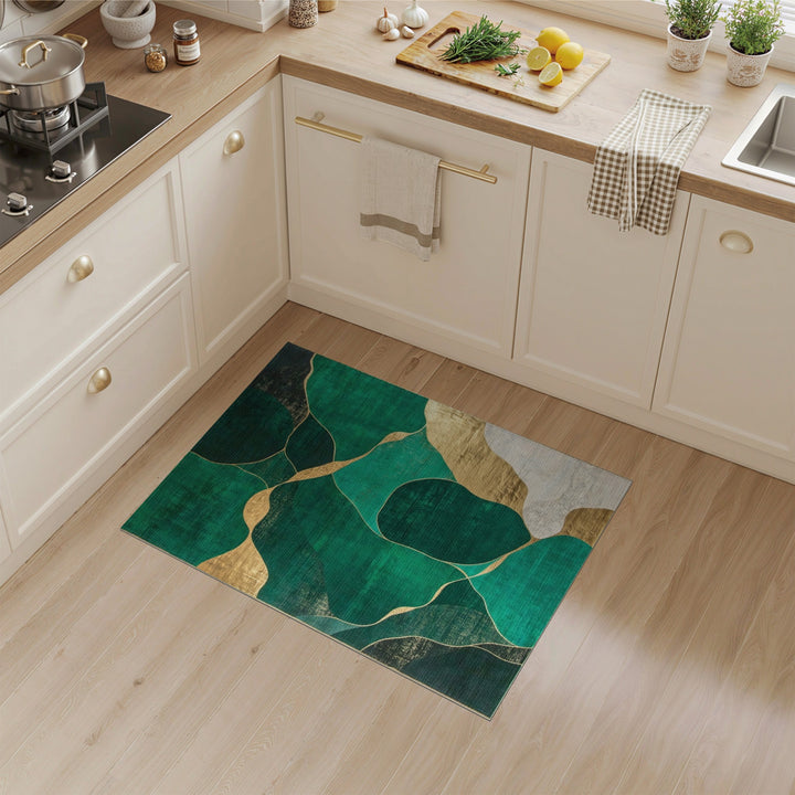 Green Abstract Area Rug with Gold Accents