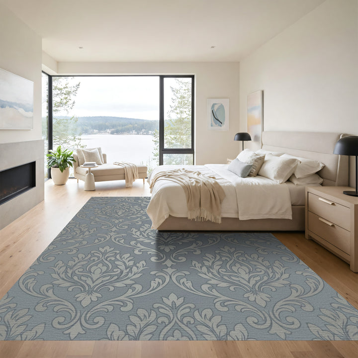 Gray Silver Damask Scroll Rug