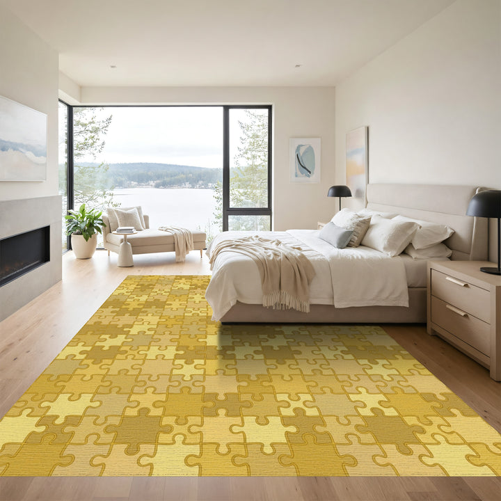 Golden Jigsaw Puzzle Tile Arrangement Rug