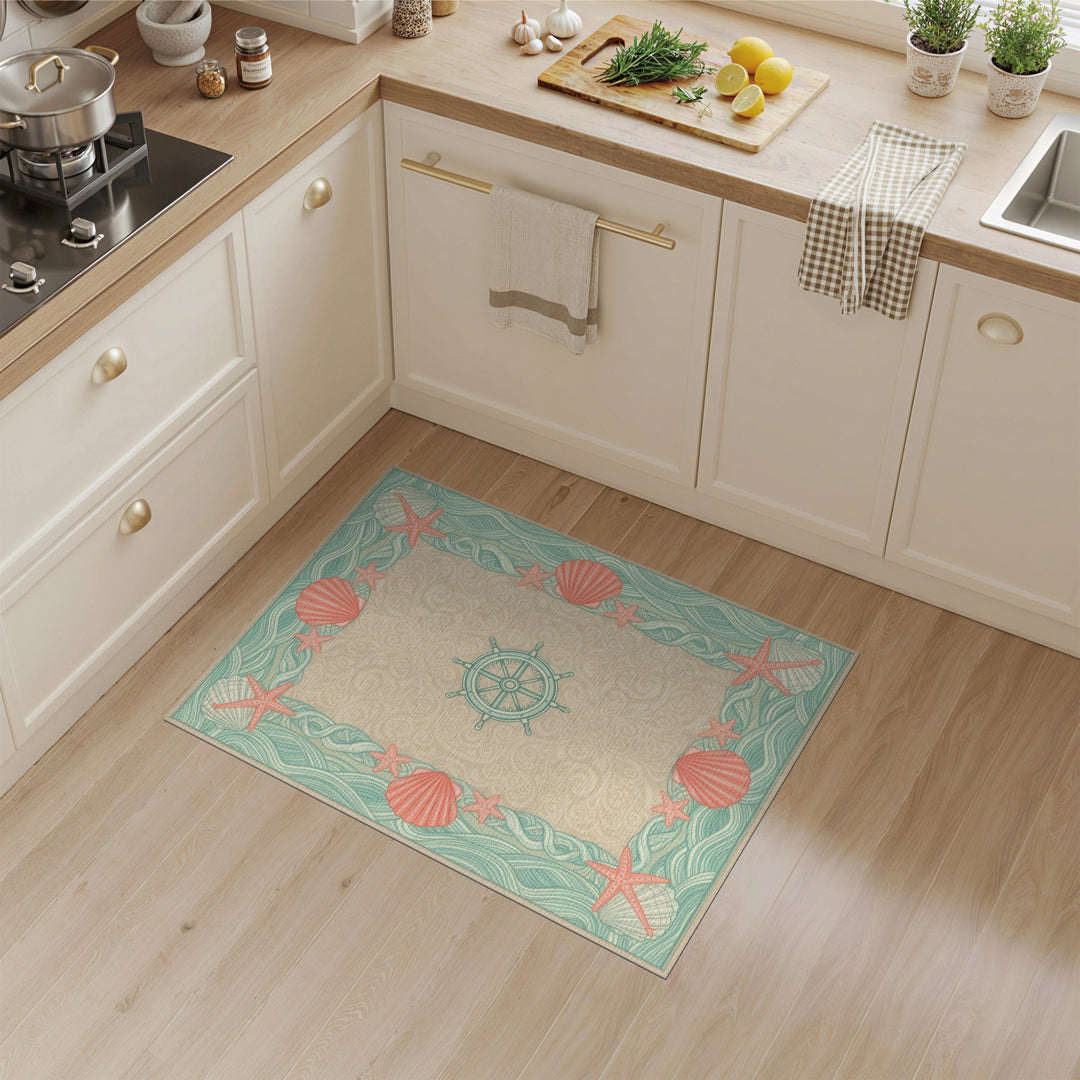 Teal Coastal Seashell and Starfish Area Rug