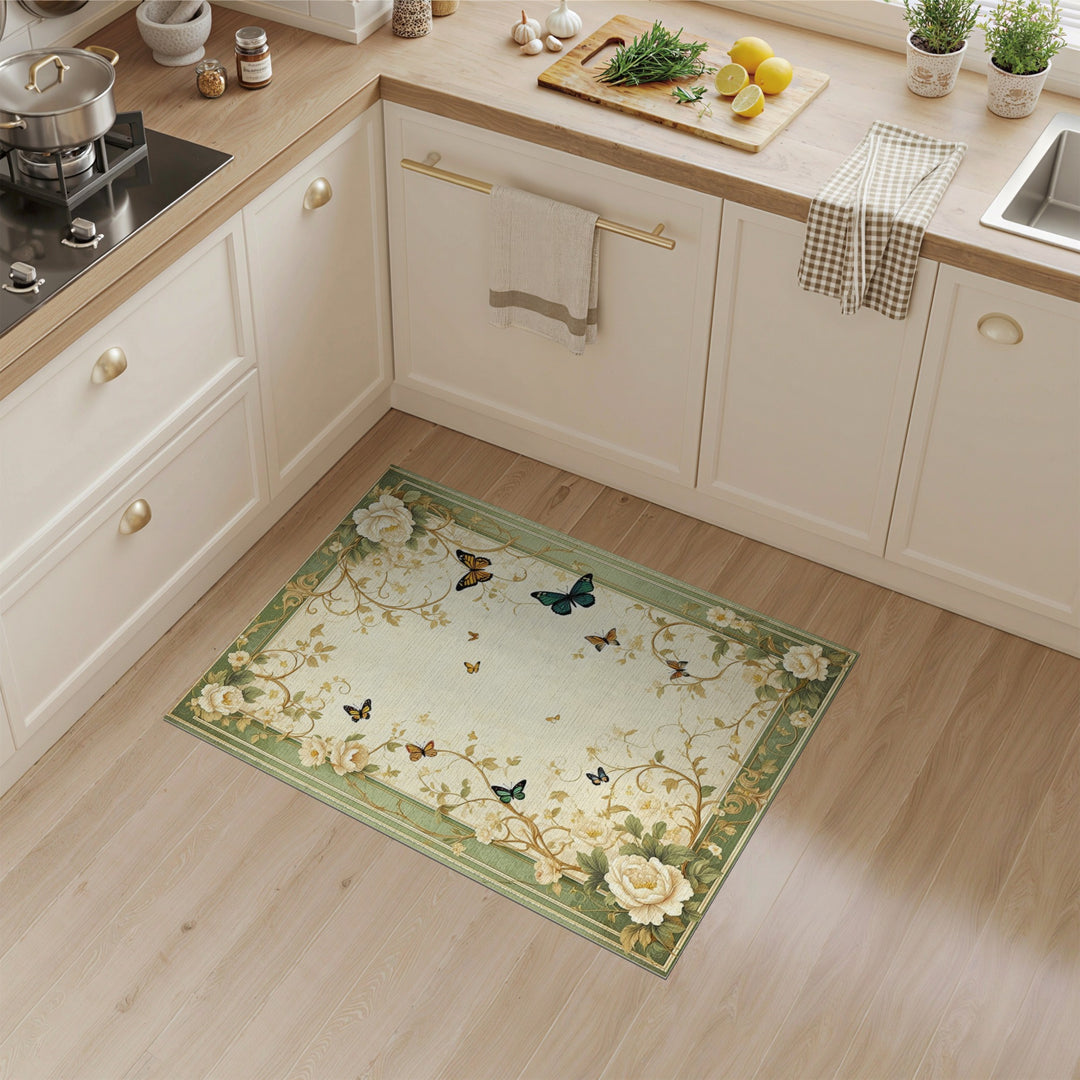Green Floral Butterfly Vintage Area Rug
