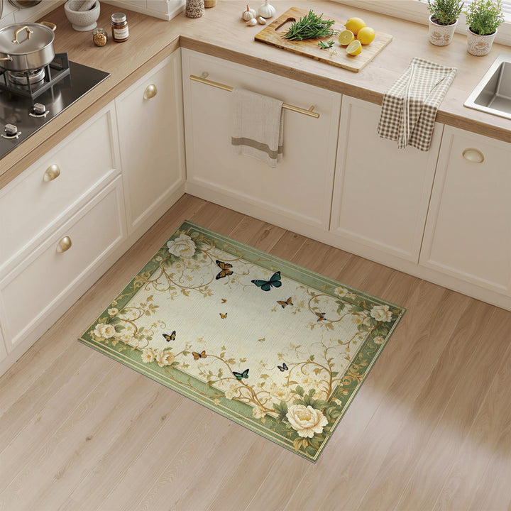 Green Floral Butterfly Vintage Area Rug