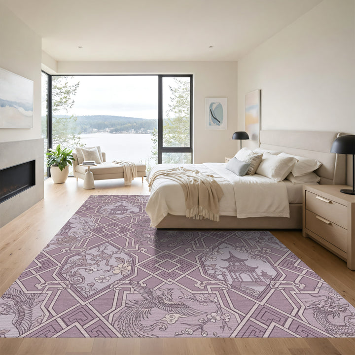 Mauve Dragon Phoenix Pagoda Blossom Tile Rug