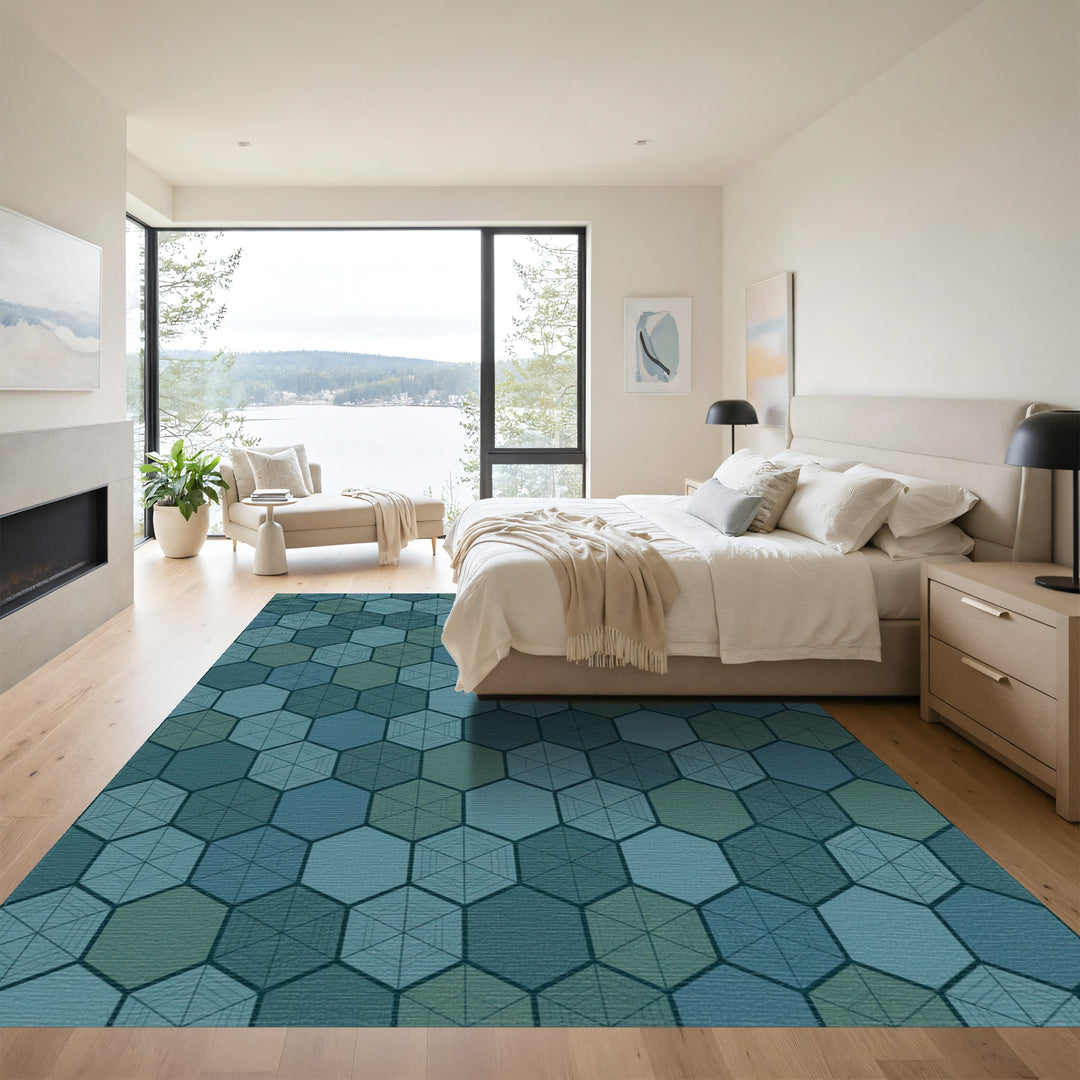Earthy Blue Hexagonal Tessellation Rug