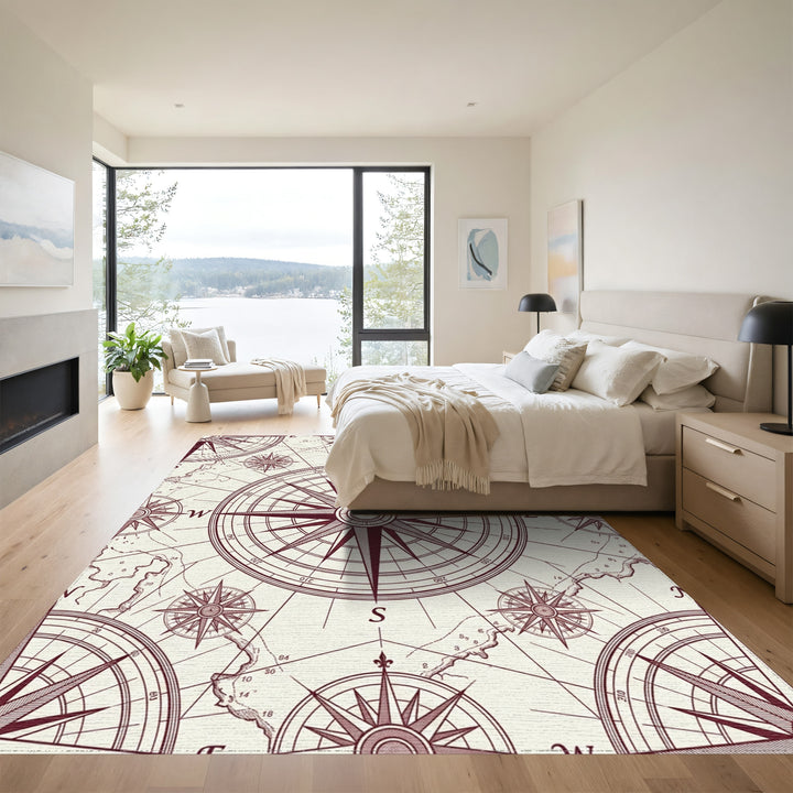 Vintage Maroon Compass Rose Map Rug