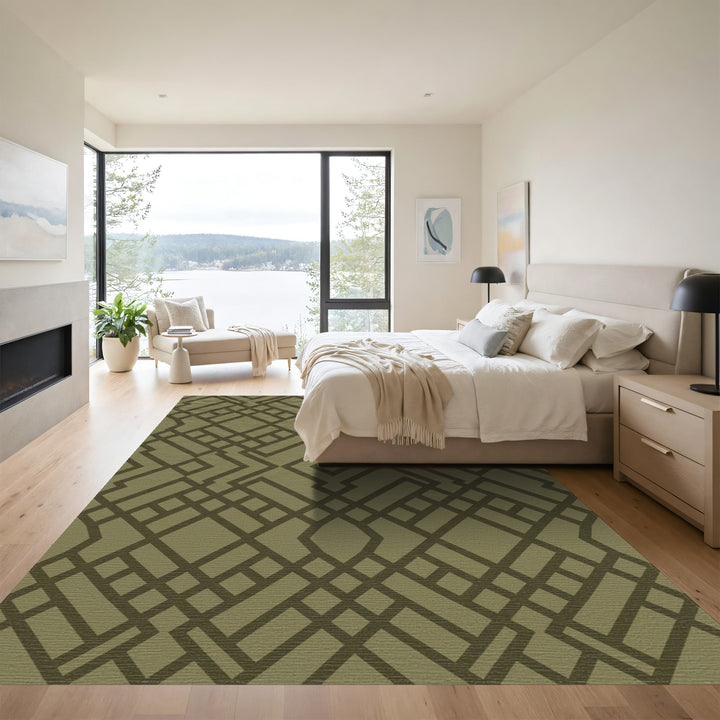Olive Green Interlocking Geometric Lattice Rug