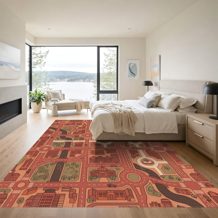 Urban Cityscape Red And Tan Map Rug