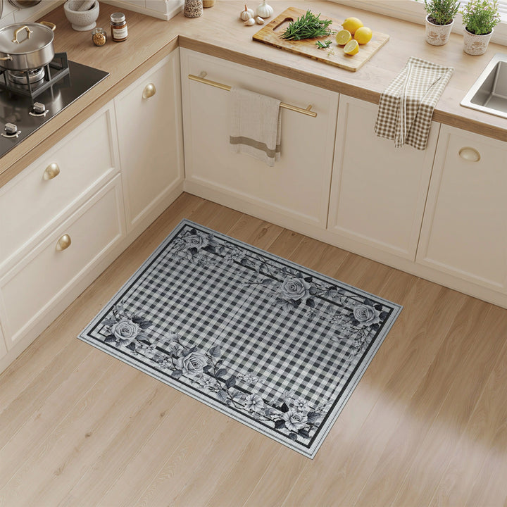 Black White Rose Border Checkered Area Rug
