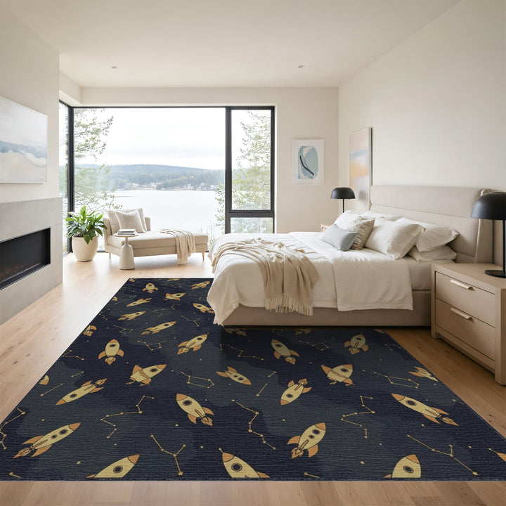 Golden Rockets and Constellations Aboard Rug