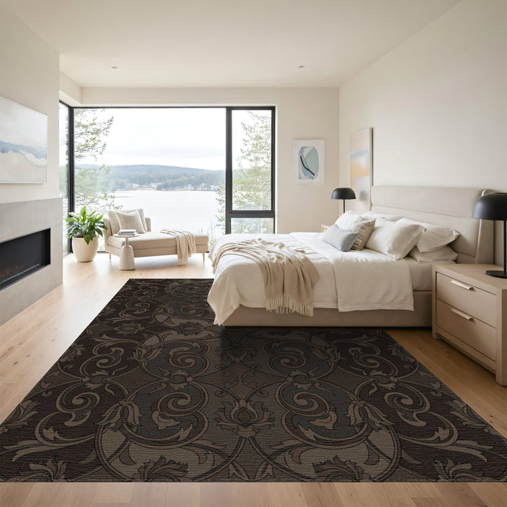 Dark Brown Arabesque Floral Scroll Rug