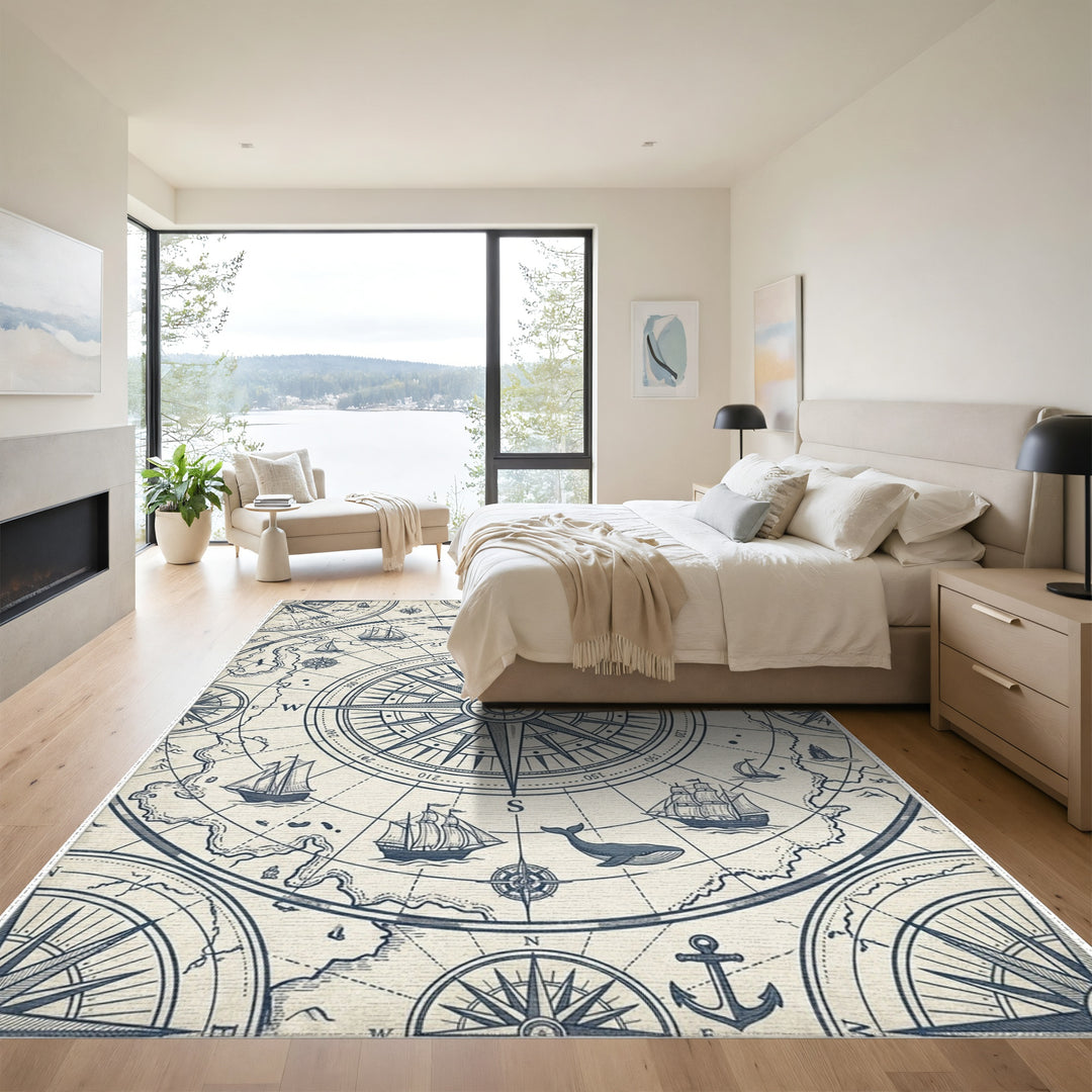 Nautical Compass Ship Whale Map Rug