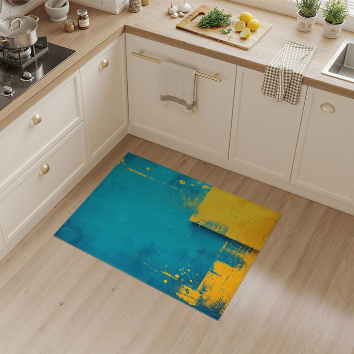 Teal Abstract Yellow Block Area Rug
